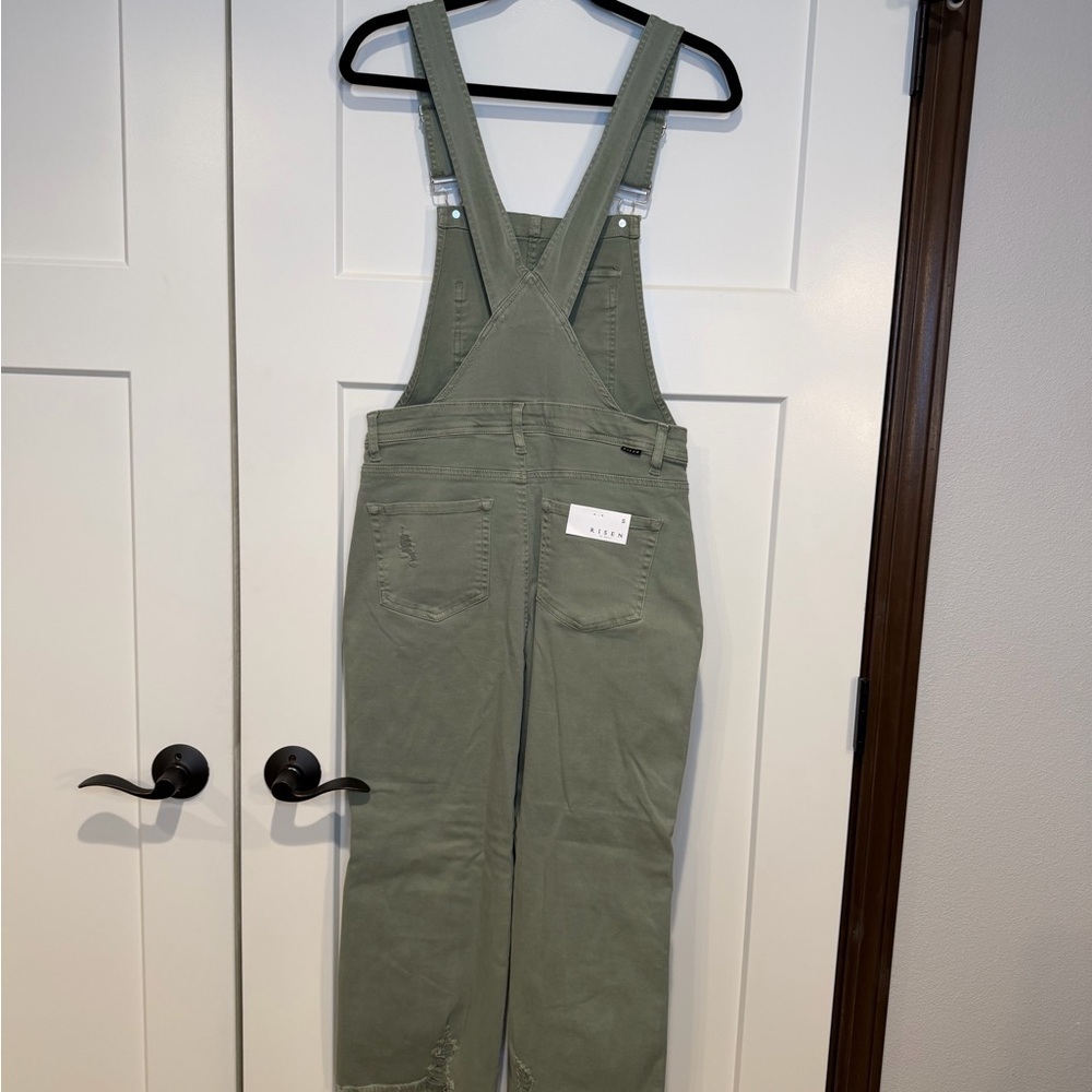 Risen Overalls Straight Leg Denim Olive Distressed Raw Hem - Picture 9 of 10